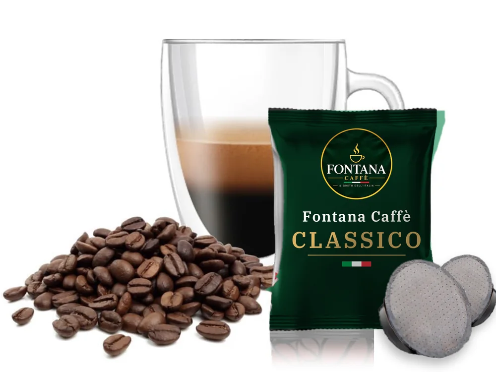 Capsulă compatibilă Lavazza A Modo Mio® cu un plic Fontana Caffè Classico (verde), pahar de espresso și boabe de cafea