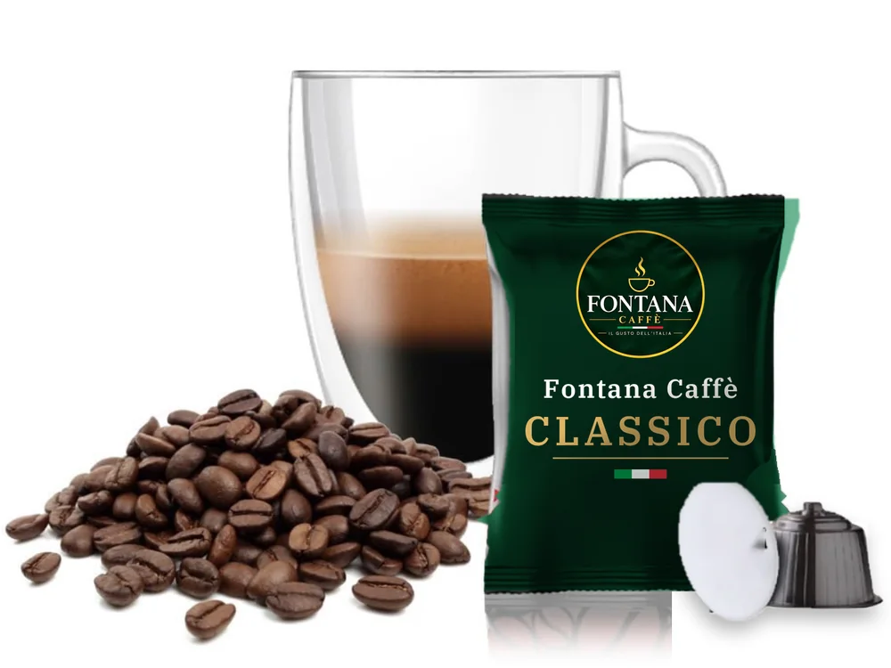 Capsulă compatibilă Dolce Gusto® cu un plic Fontana Caffè Classico (verde), pahar de espresso și boabe de cafea