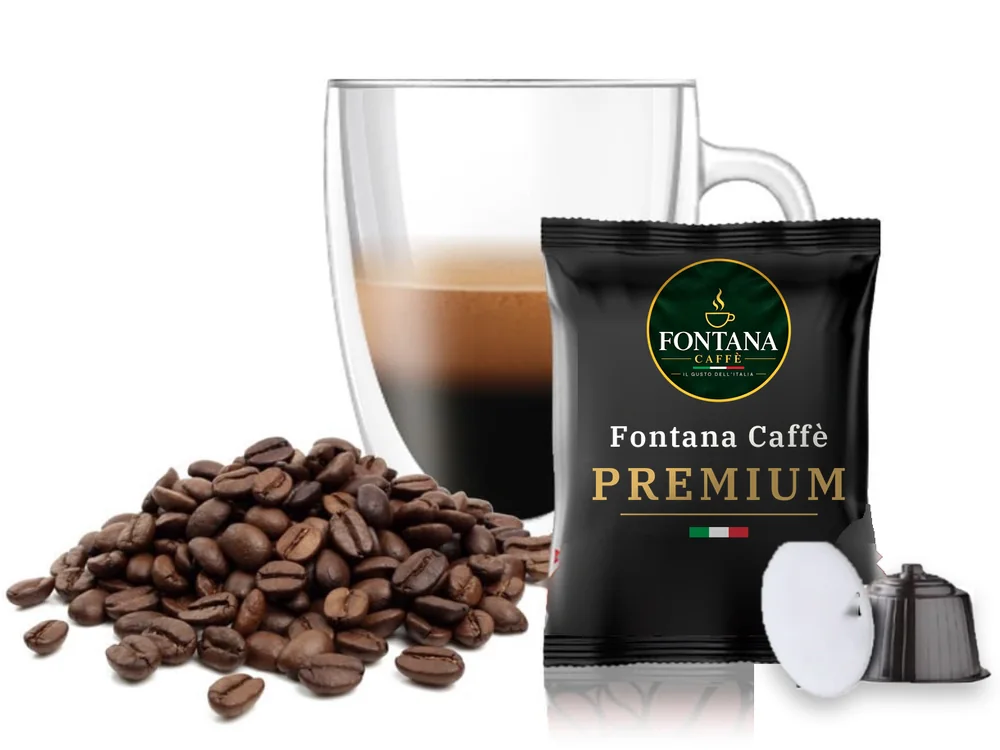 Capsulă compatibilă Dolce Gusto® cu un plic Fontana Caffè Premium (neagră), pahar de espresso și boabe de cafea