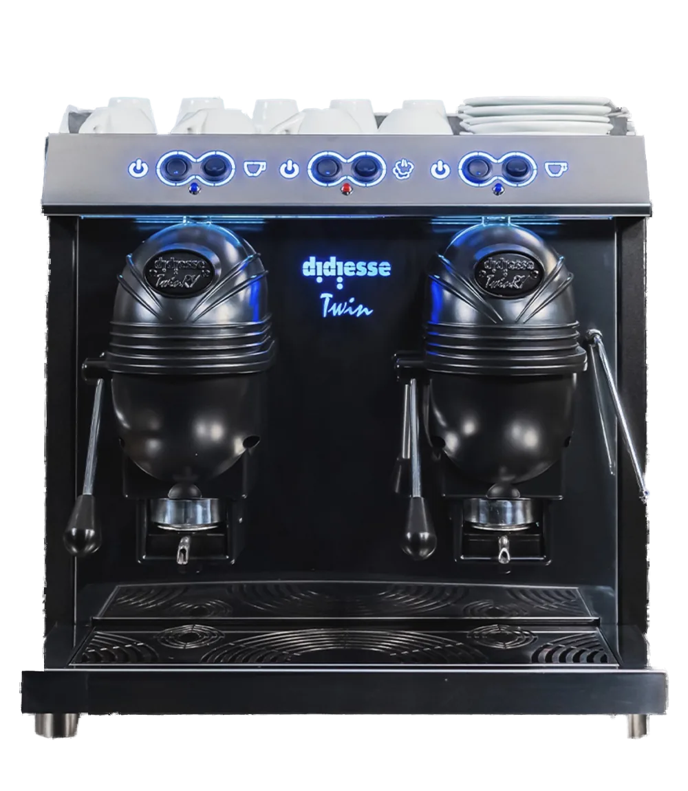 Espressor profesional didiesse Twin cu 2 grupuri, negru mat, cu indicatori LED albaștri și suport de încălzire a ceștilor