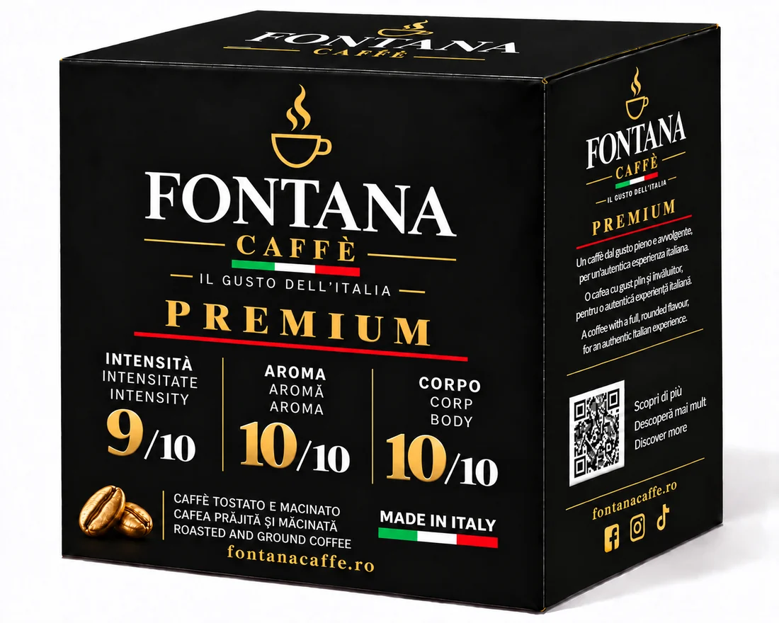 Black Fontana Caffè Premium pack: intensity 9/10, aroma 10/10, body 10/10, “Made in Italy”