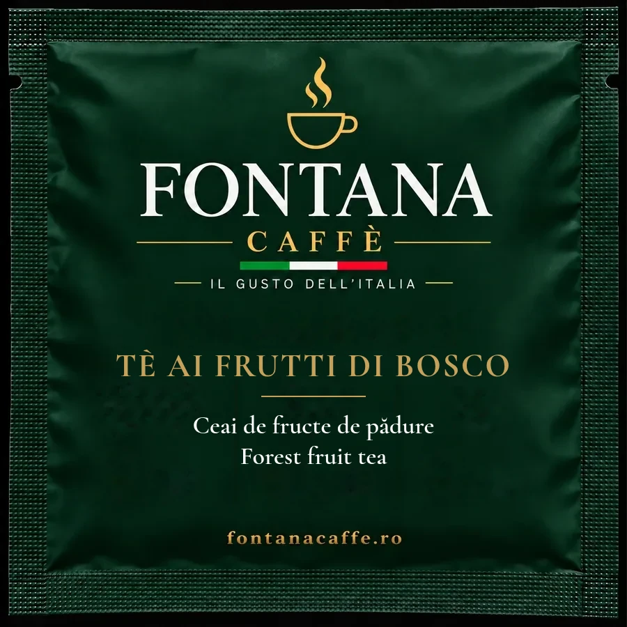 Plic verde Fontana Caffè pentru doză ESE ceai de fructe de pădure, față, cu denumirea în italiană, română și engleză