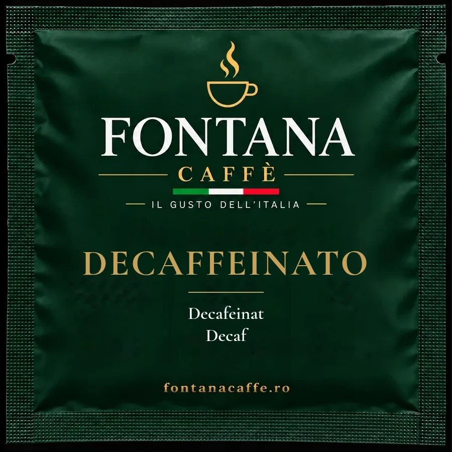Plic verde Fontana Caffè pentru doză ESE decafeinizată, față, cu denumirea în italiană, română și engleză