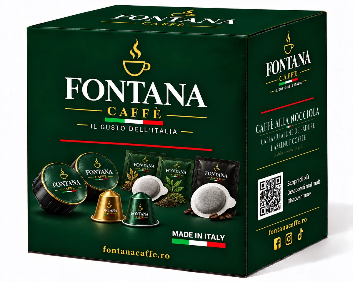 Ambalaj verde Fontana Caffè, cu eticheta „caffè alla nocciola / cafea cu alune de pădure / hazelnut coffee” pe latura dreaptă (50 de doze)